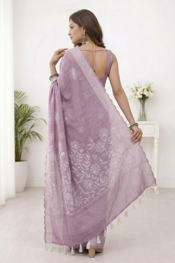 Classic Blush Pink Embroidery Linen Saree – Elegant Office & Casual Wear