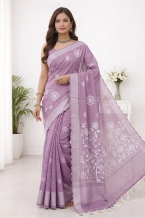 Blush pink embroidery linen saree for elegant office wear by Vajralakshmifabrics