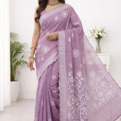 Blush pink embroidery linen saree for elegant office wear by Vajralakshmifabrics