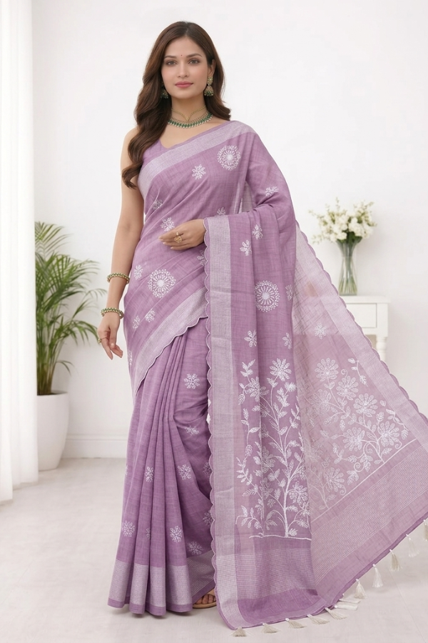 blush-pink-embroidery-linen-saree-vajralakshmifabrics Blush pink embroidery linen saree for elegant office wear by Vajralakshmifabrics