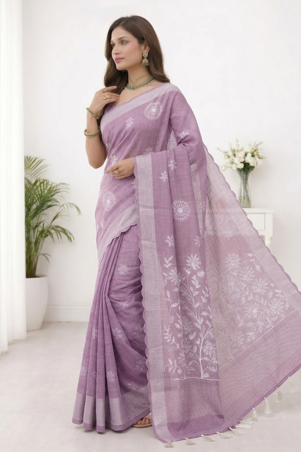 Classic Blush Pink Embroidery Linen Saree – Elegant Office & Casual Wear