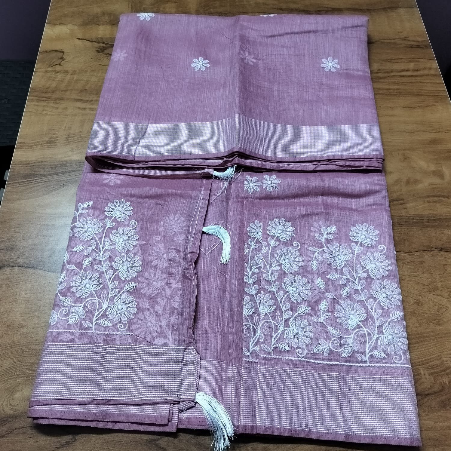 Classic Blush Pink Embroidery Linen Saree – Elegant Office & Casual Wear