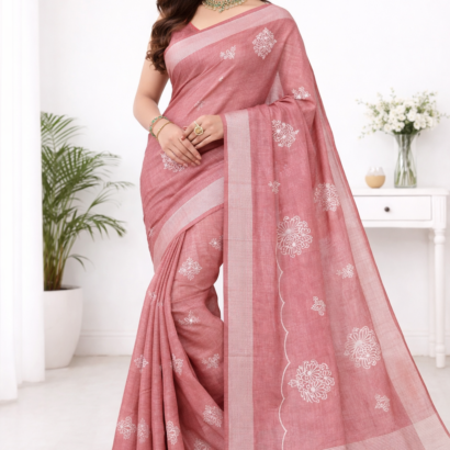 Dusty rose floral embroidery linen saree for office wear by Vajralakshmifabrics