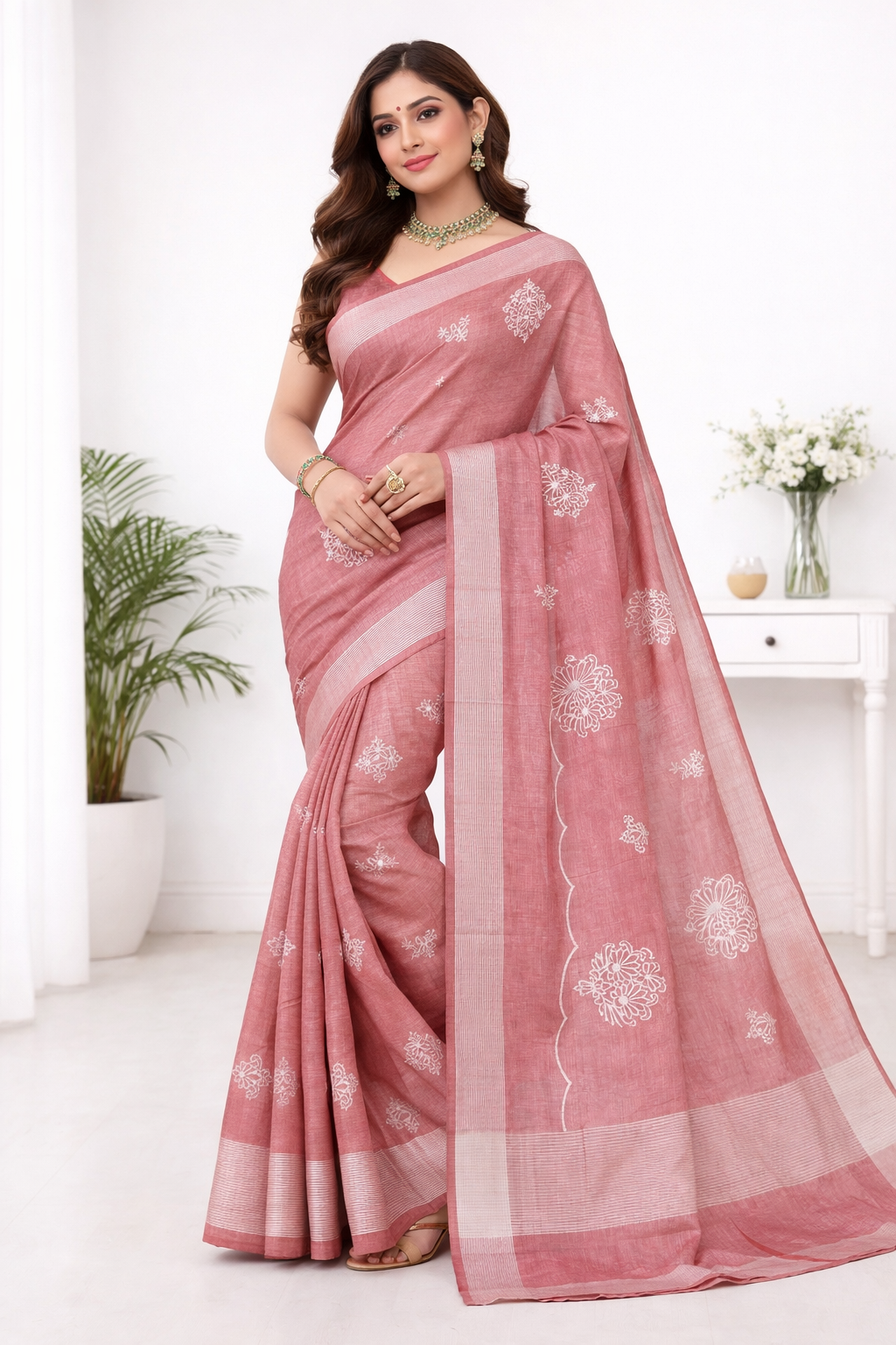 dusty-rose-embroidery-saree-detail Dusty rose floral embroidery linen saree for office wear by Vajralakshmifabrics