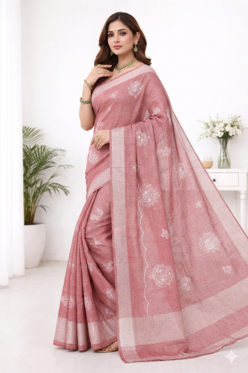 Dusty Rose Floral Embroidery Linen Saree – Elegant Office & Casual Wear