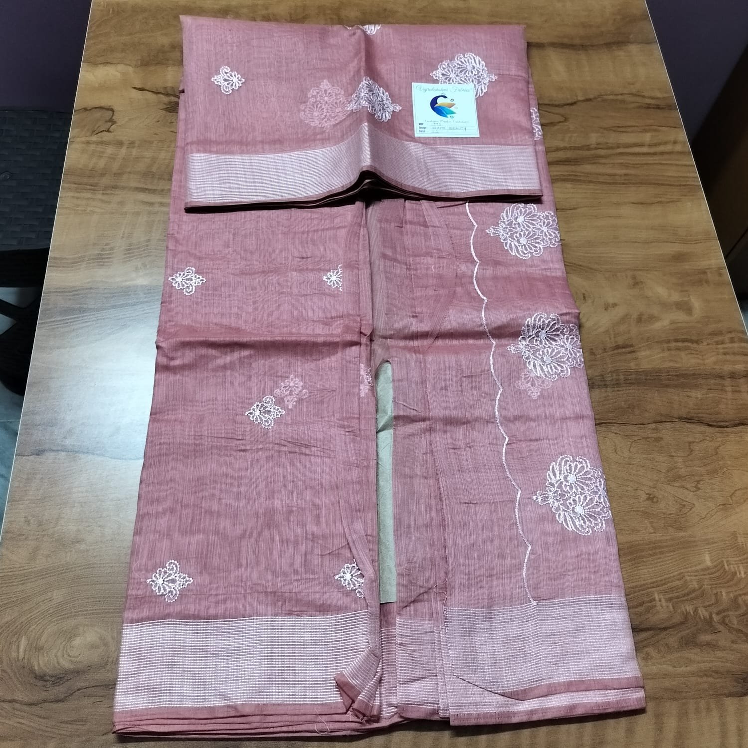Dusty Rose Floral Embroidery Linen Saree – Elegant Office & Casual Wear