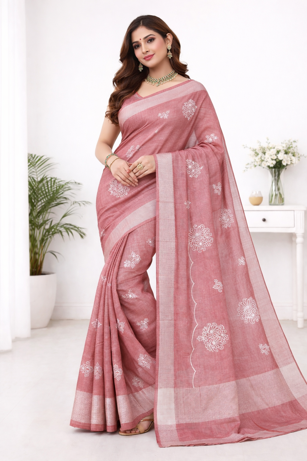 Dusty Rose Floral Embroidery Linen Saree – Elegant Office & Casual Wear