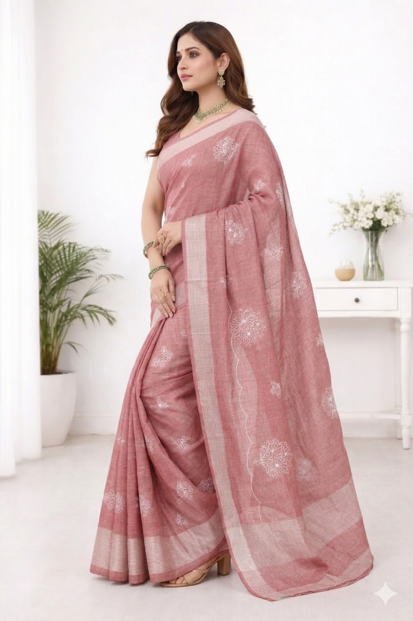 Dusty Rose Floral Embroidery Linen Saree – Elegant Office & Casual Wear