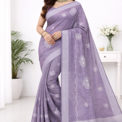 Lavender grey embroidery linen saree for elegant office wear by Vajralakshmifabrics