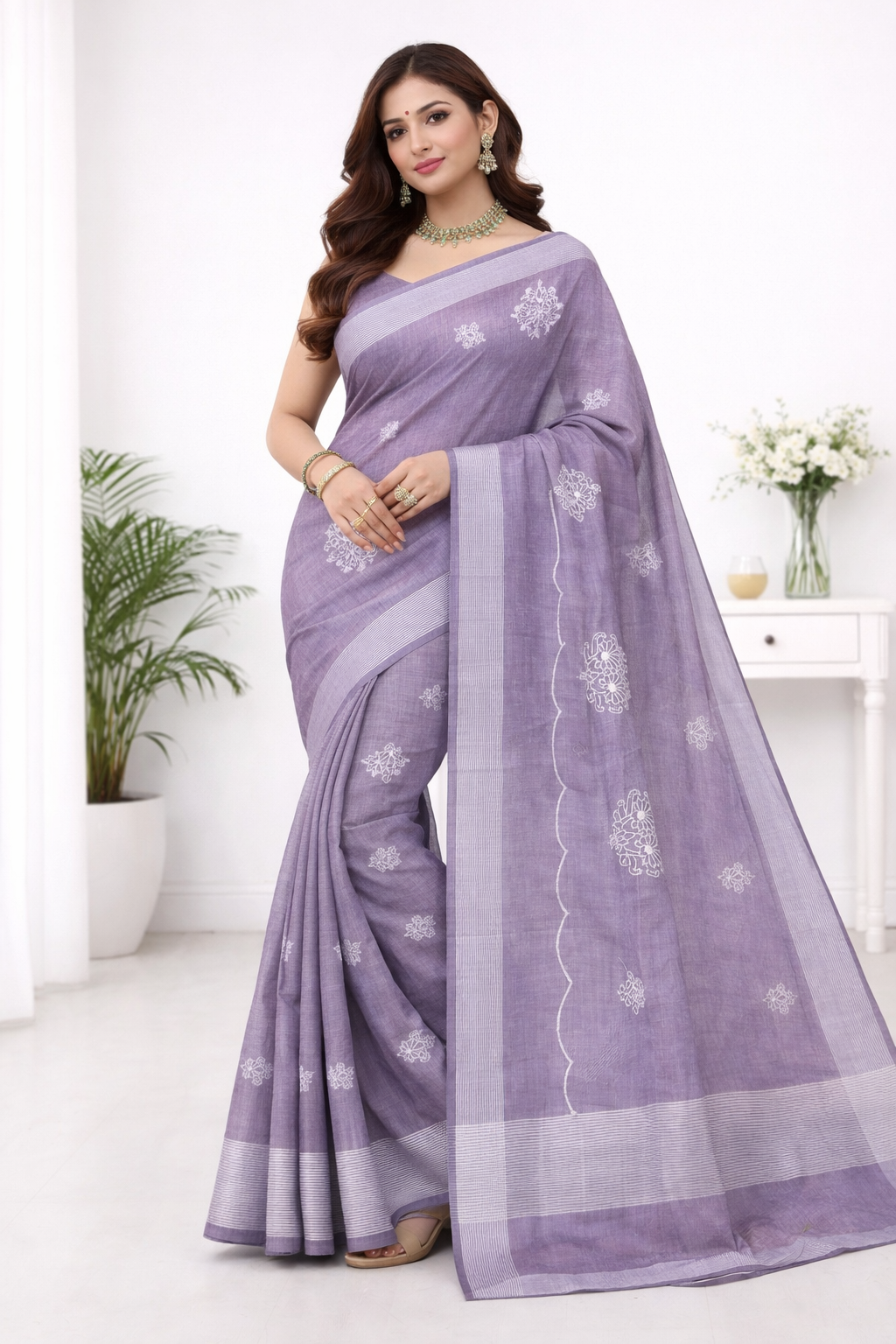 lavender-grey-embroidery-linen-saree-vajralakshmifabrics Lavender grey embroidery linen saree for elegant office wear by Vajralakshmifabrics