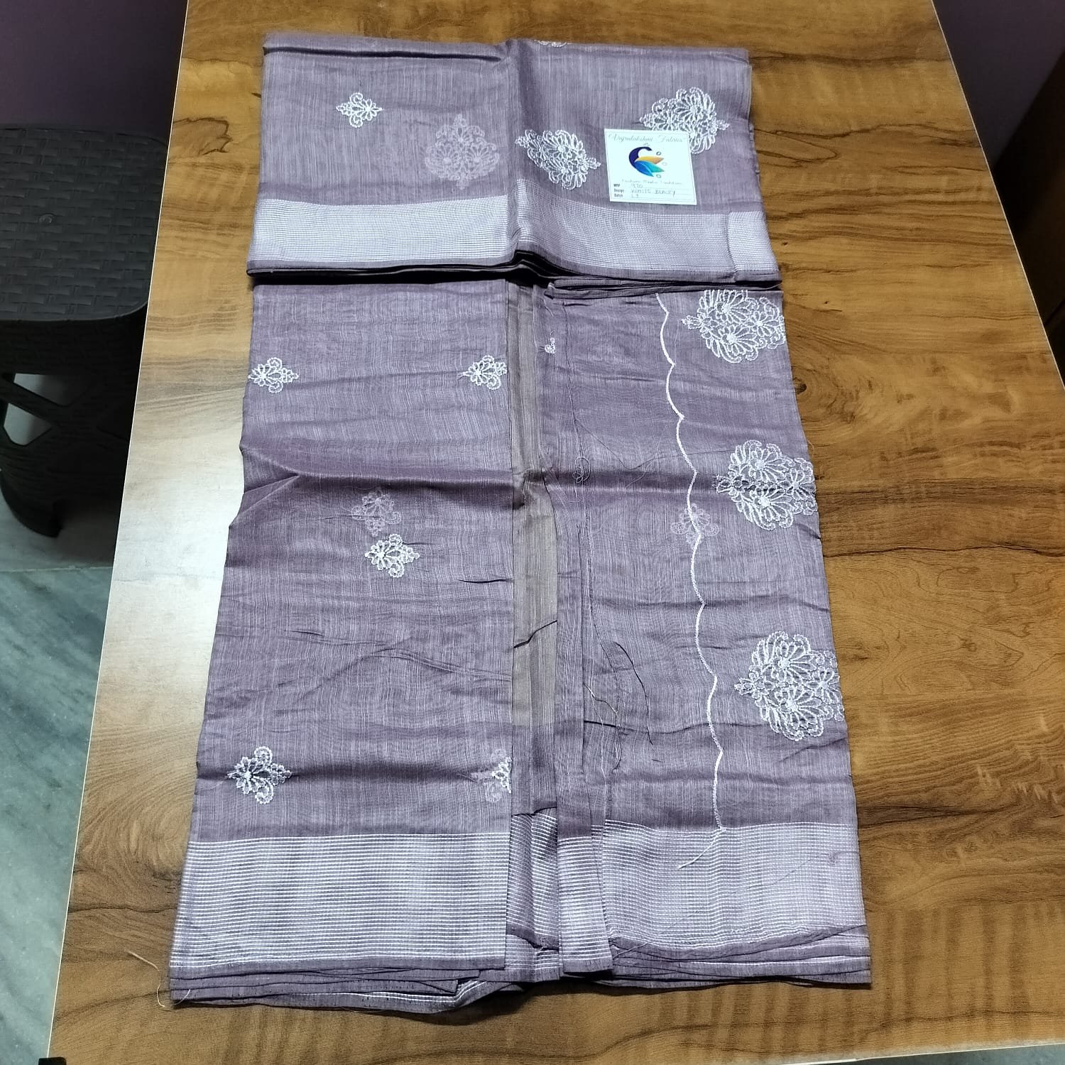 Lavender Grey Embroidery Linen Saree – Elegant Office Wear & Minimalist Style