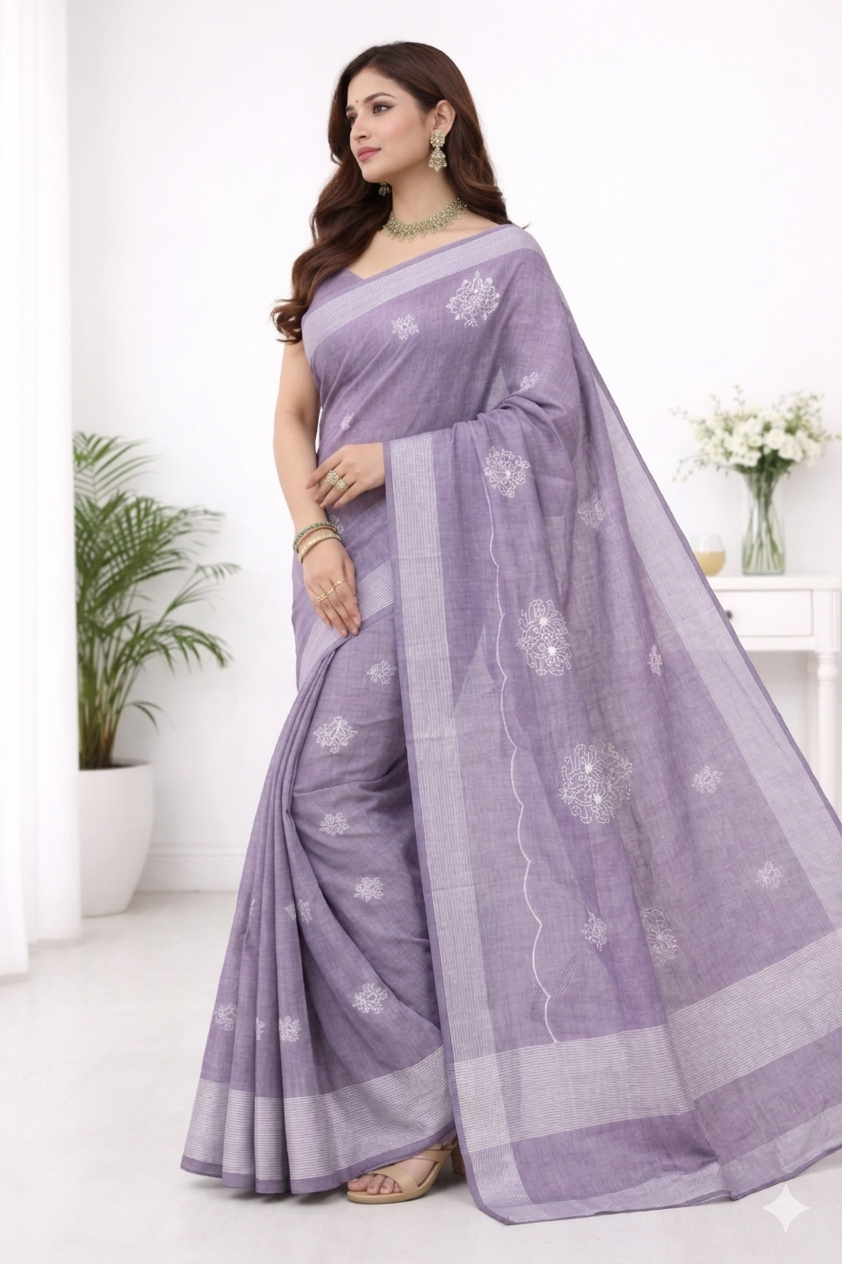 Lavender Grey Embroidery Linen Saree – Elegant Office Wear & Minimalist Style