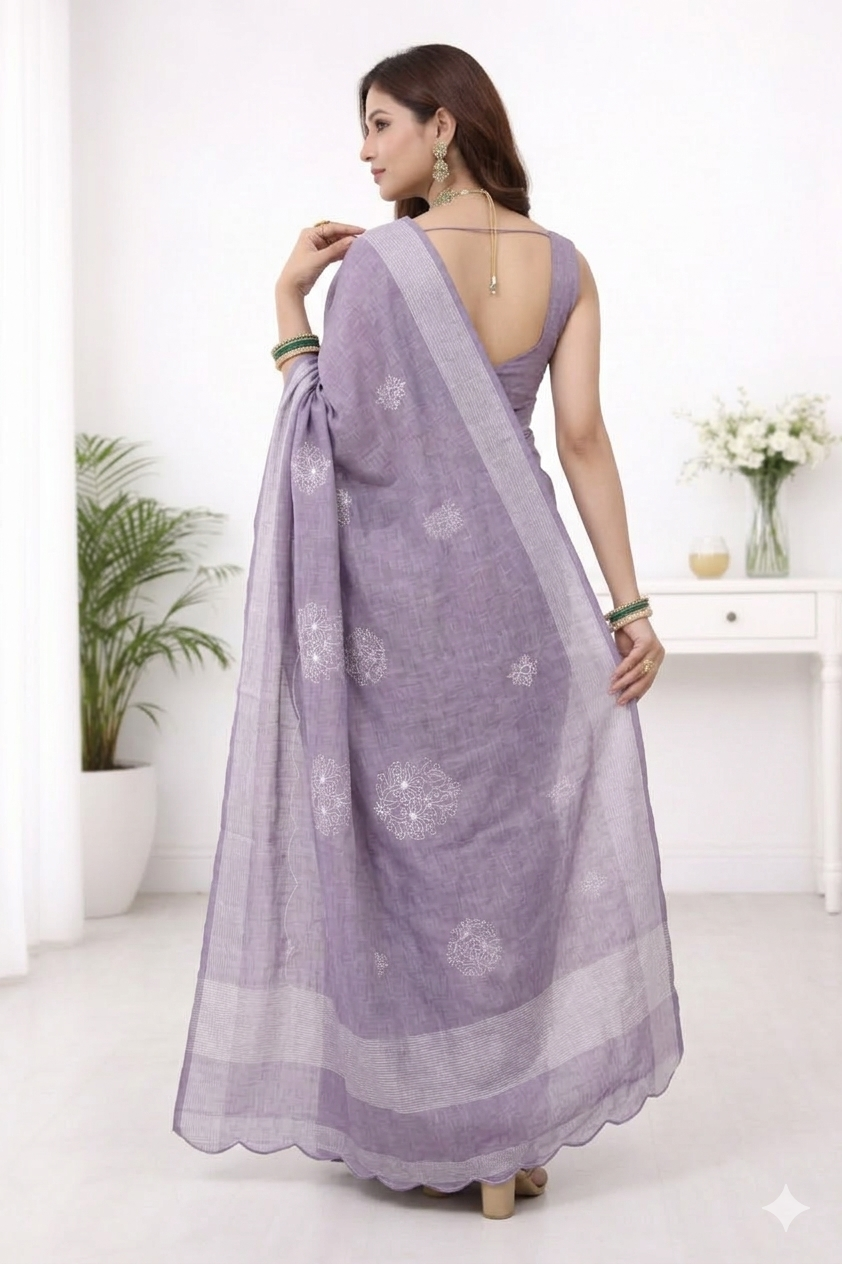 Lavender Grey Embroidery Linen Saree – Elegant Office Wear & Minimalist Style