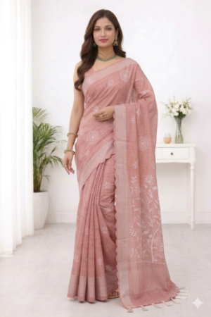 Pastel peach floral embroidery linen saree for elegant office wear by Vajralakshmifabrics