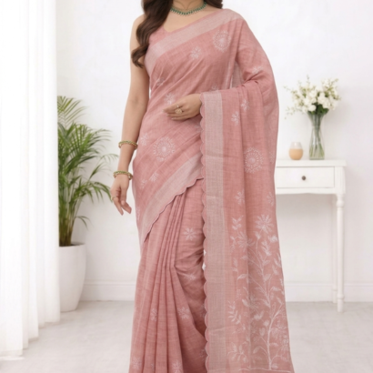 Pastel peach floral embroidery linen saree for elegant office wear by Vajralakshmifabrics