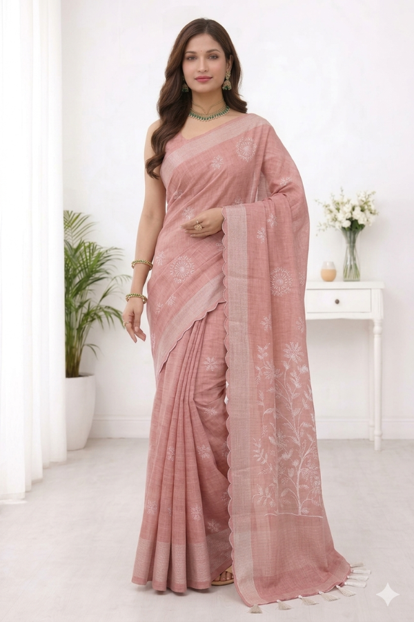 pastel-peach-embroidery-linen-saree-vajralakshmifabric Pastel peach floral embroidery linen saree for elegant office wear by Vajralakshmifabrics