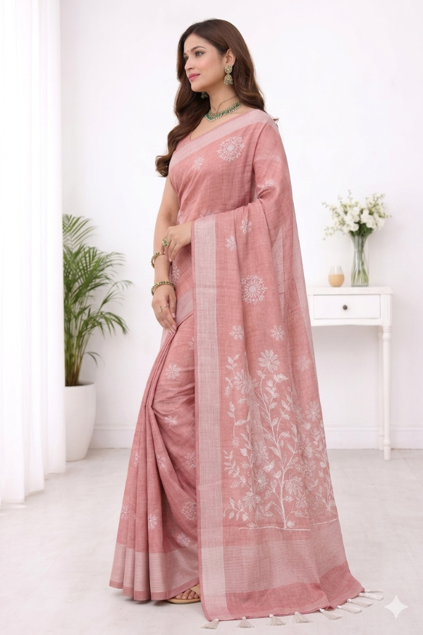 Pastel Peach Embroidery Linen Saree – Elegant Office & Casual Wear