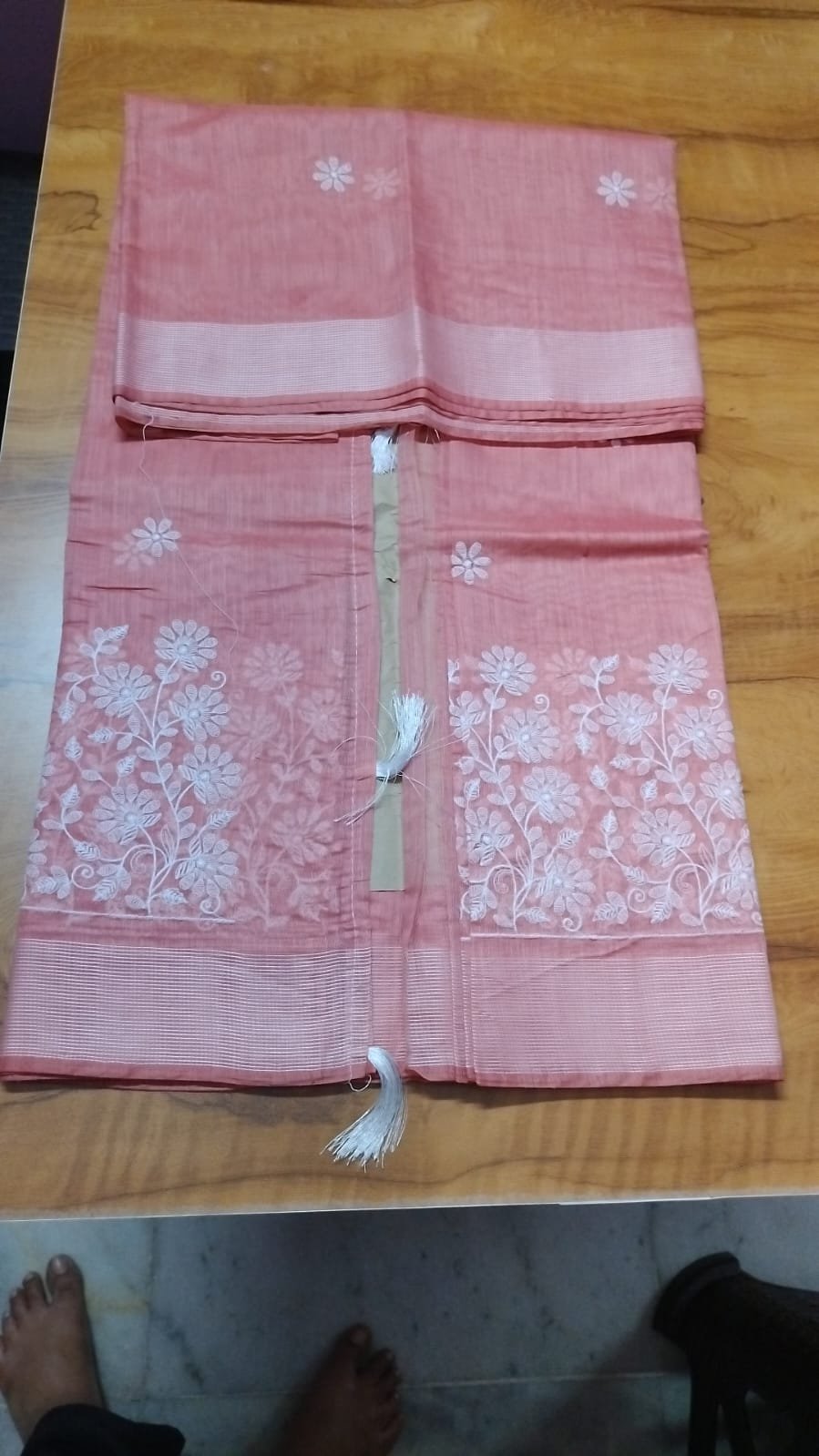 Pastel Peach Embroidery Linen Saree – Elegant Office & Casual Wear