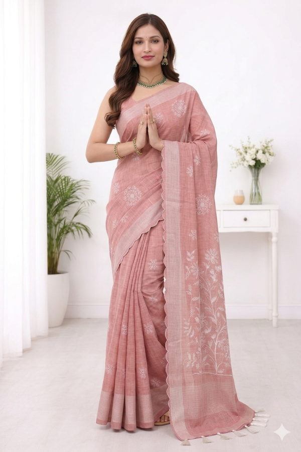 Pastel Peach Embroidery Linen Saree – Elegant Office & Casual Wear