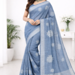 Elegant Steel Blue Embroidery Linen Saree – Premium Office & Day Wear