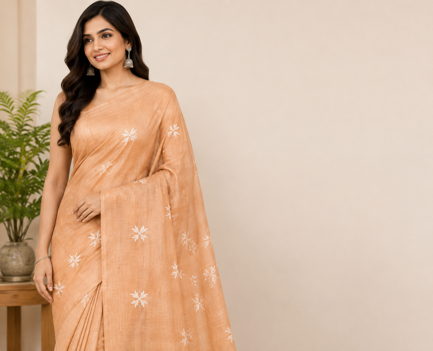 Woman wearing a beige linen saree
