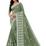 Vajralakshmifabrics® Premium Linen Cotton Saree – Heritage Sage Green | Running Blouse | Elegant Woven Motifs