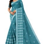 Vajralakshmifabrics® Premium Linen Cotton Saree – Ocean Mist Blue | Running Blouse | Woven Designer Pallu