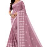Vajralakshmifabrics® Premium Linen Cotton Saree – Vintage Mauve | Running Blouse | Elegant Woven Design